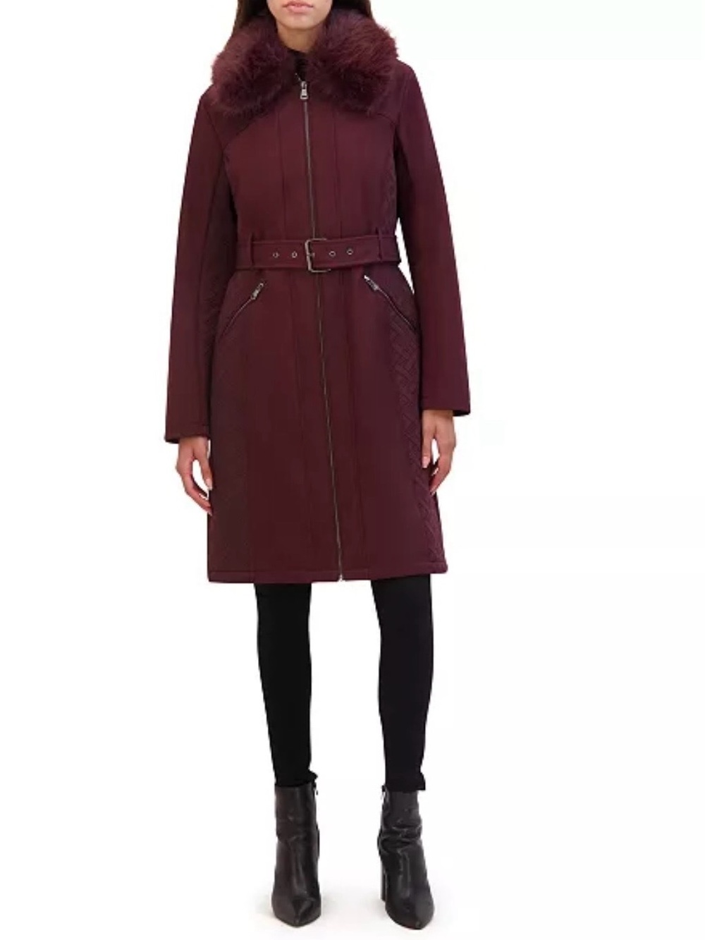 Kenneth Cole Women's Belted Faux-Fur Collar Trench Coat in Burgundy